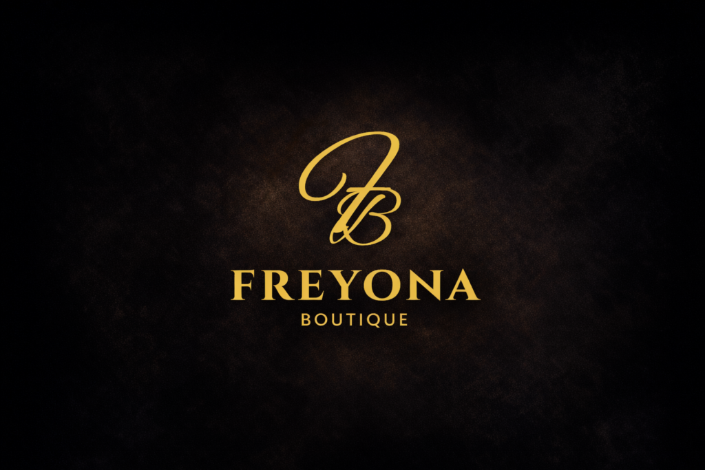 Freyona Boutique -brändikuva, kultainen logo mustalla taustalla.