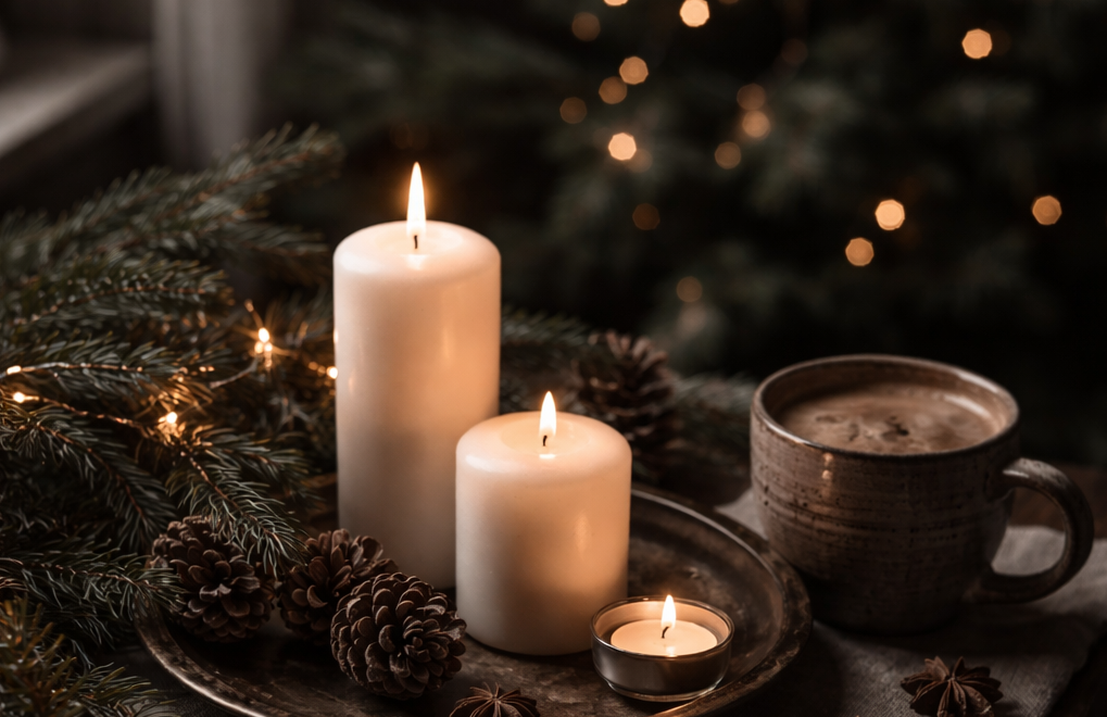 Rauhallinen joulun hetki kynttilöiden valossa – hiljainen estetiikka ja läsnäolo.