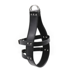 musta keinonahkainen head suspension harness metallisella D-renkaalla