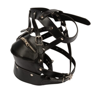 lukittava nahkainen bondage huppu musta