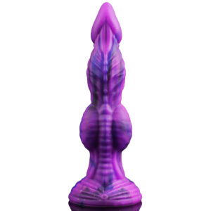 Violetti Liquid silicone fantasiadildo teksturoidulla pinnalla, isolla solmulla ja vahvalla imukuppipohjalla.