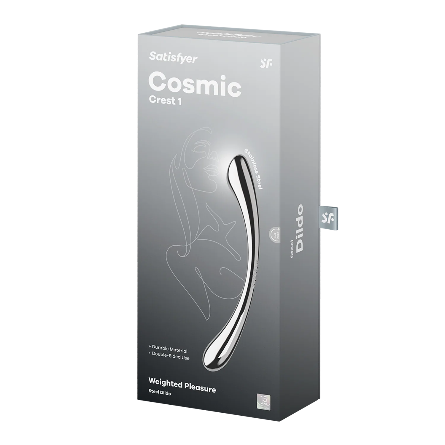 Satisfyer Cosmic Crest 1 teräksinen G-piste- ja klitoriskiihotin pakkauksineen.