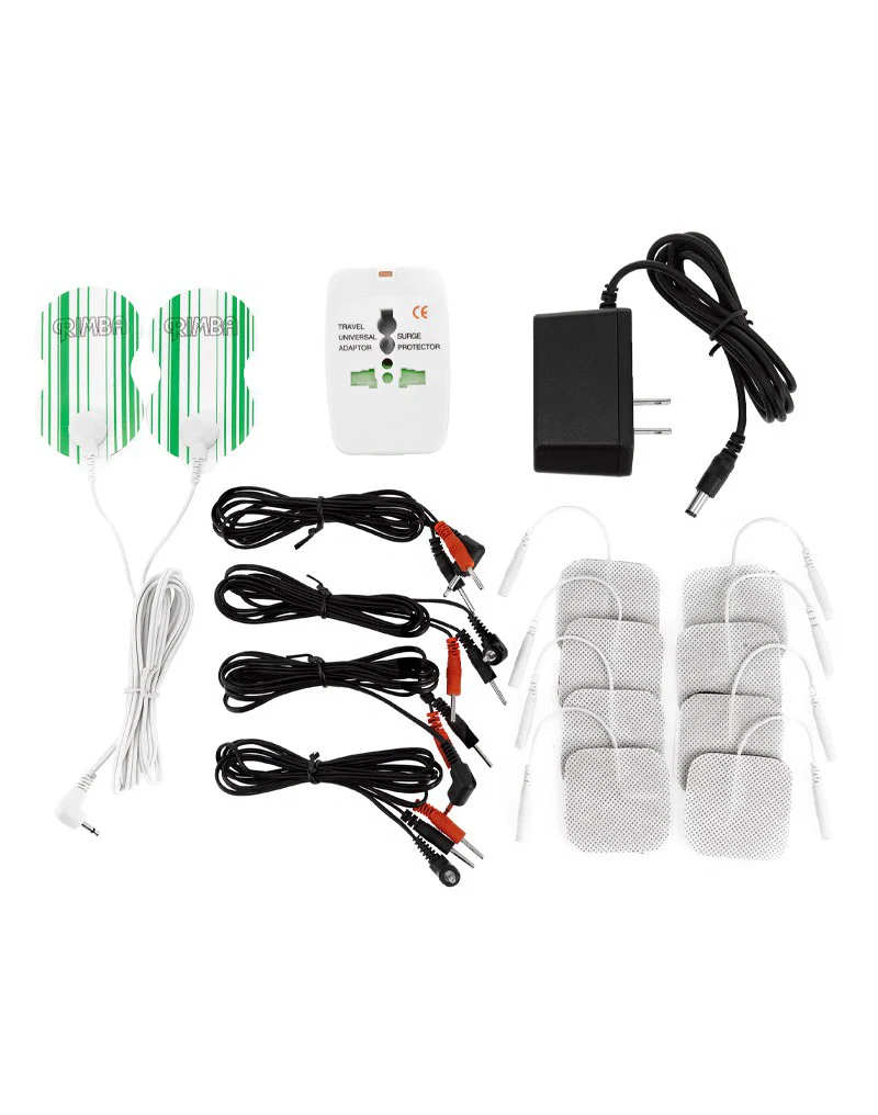 Rimba Electro Play LCD Power Box Set 4-kanavaisen sähköstimulaatiojärjestelmän pakkaussisältö laitteen lisäksi.