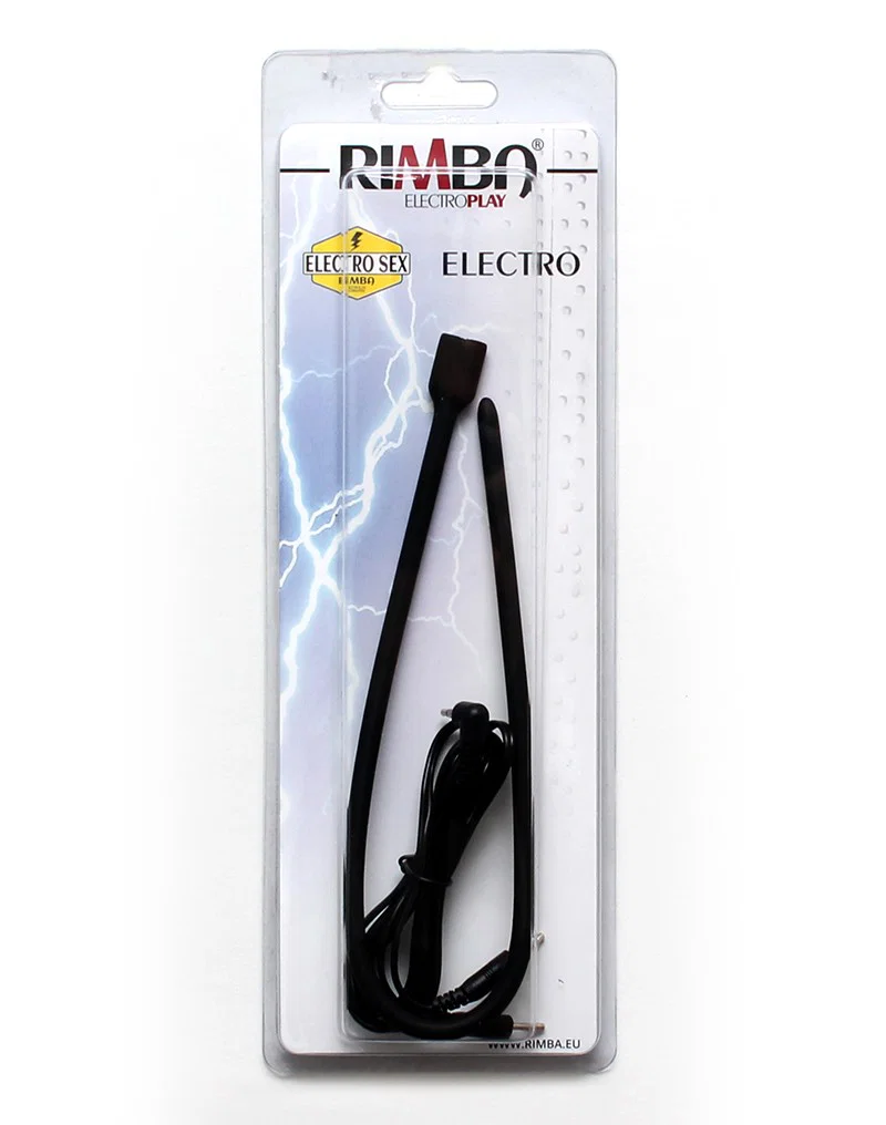 Rimba Electro Play bipolaarinen uretraalidilataattori 38 cm musta silikoninen sähköstimulaatiolaite, kuva pakkauksesta