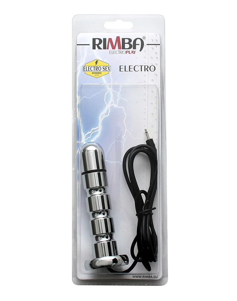 Rimba Electro Play Bipolar Anal Dildo 125 mm alumiininen sähköstimulaation lisävaruste pakkauksineen.
