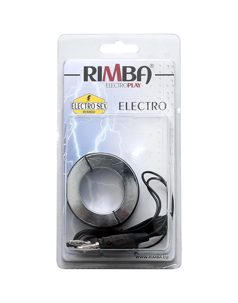 Rimba Electro Play bipolaarinen alumiininen cock ring ja ball stretcher pakkauksineen.
