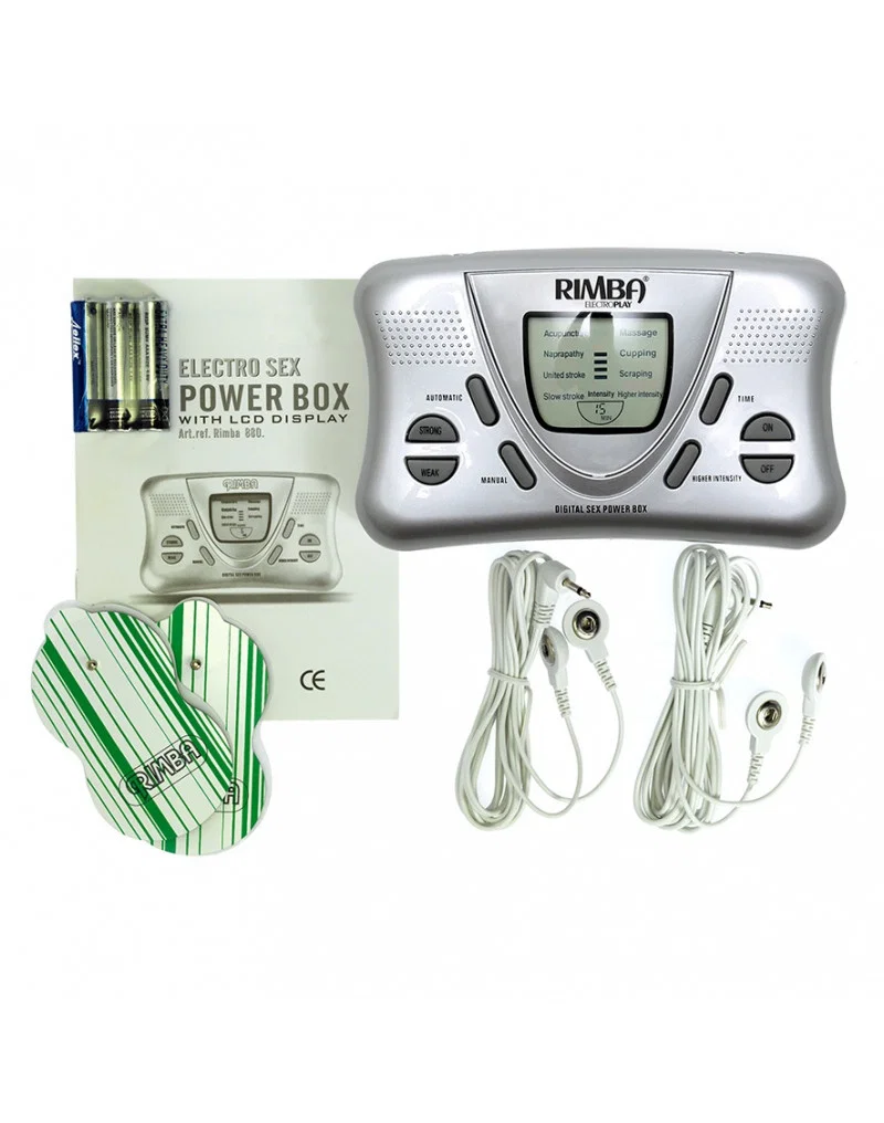 Rimba Electro Play LCD Power Box kaksikanavainen sähköstimulaatiojärjestelmä LCD-näytöllä. Pakkauksen sisältö.