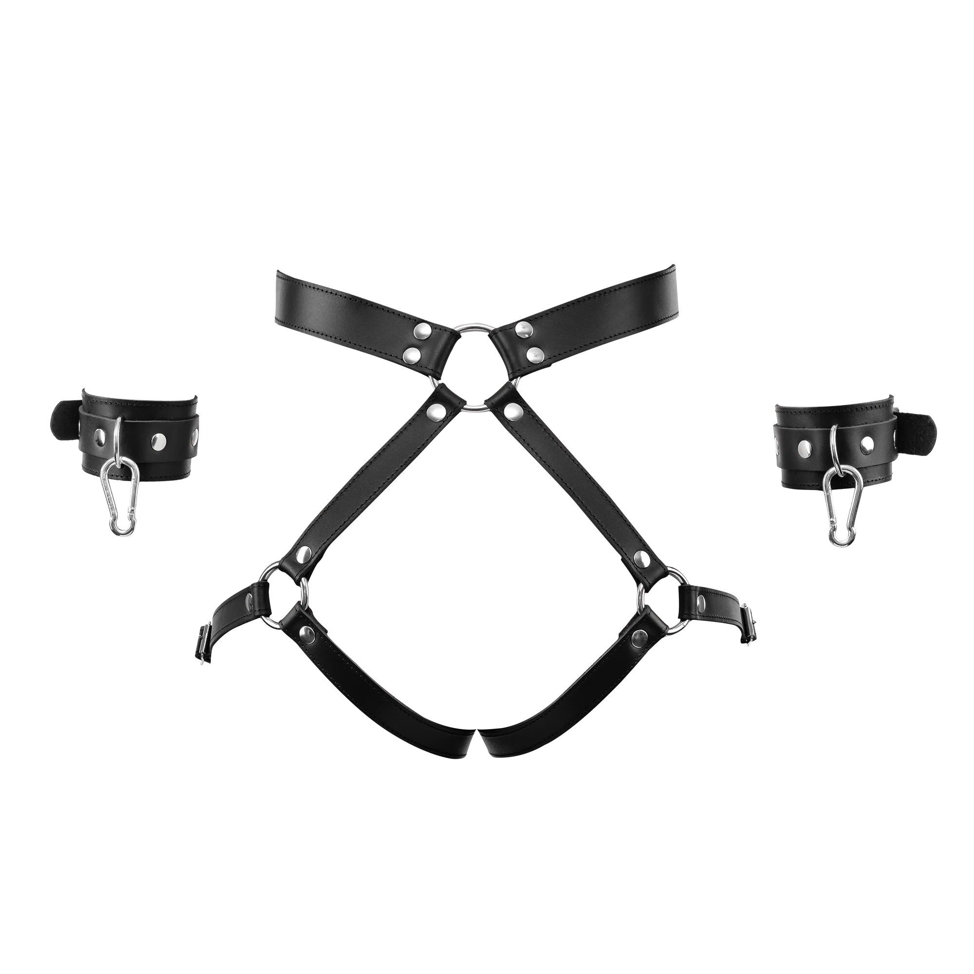 Rimba Nahkainen Bondage Harness Rannekahleilla – Musta - Image 8
