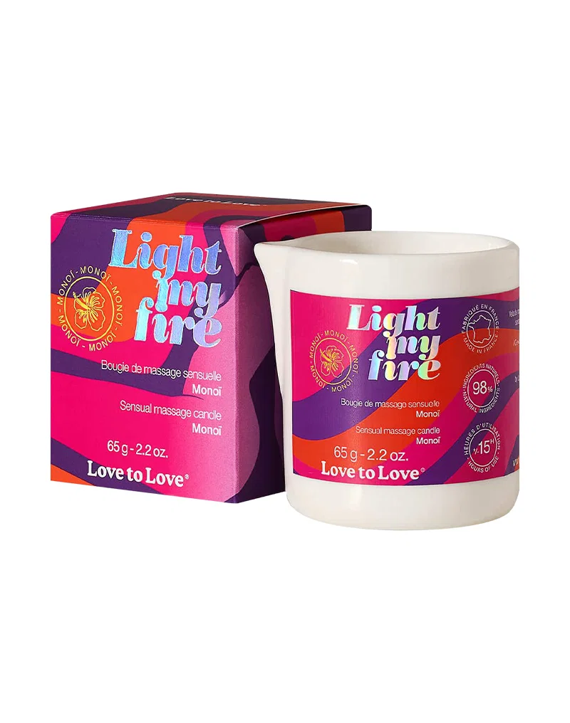 Love to Love Light My Fire Monoï suudeltava hierontakynttilä 80 ml pakkauksineen. Freyona.