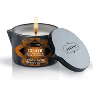 Kama Sutra Ignite Mediterranean Almond Sweet Almond -hierontakynttilä kaatonokallisessa purkissa. Freyona.