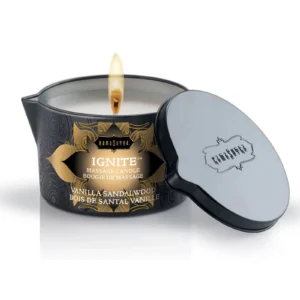 Kama Sutra Ignite Vanilla Sandalwood -hierontakynttilä kaatonokallisessa purkissa. Freyona.