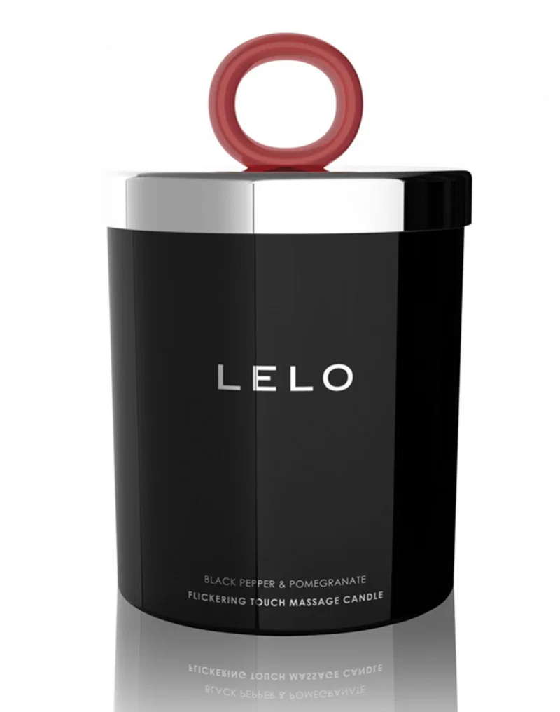LELO Flickering Touch Black Pepper ja Pomegranate -hierontakynttilä mustassa astiassa. Freyona.