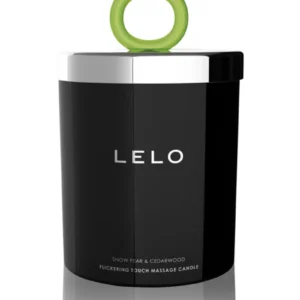 LELO Flickering Touch Snow Pear ja Cedarwood -hierontakynttilä mustassa astiassa. Freyona.