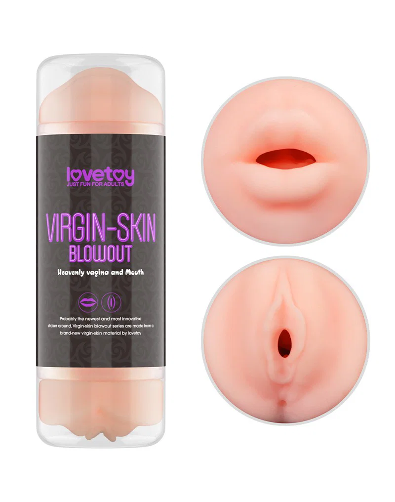 LoveToy Virgin-Skin Blowout on pehmeä kaksipuolinen masturbaattori vagina- ja suuaukolla. Freyona.