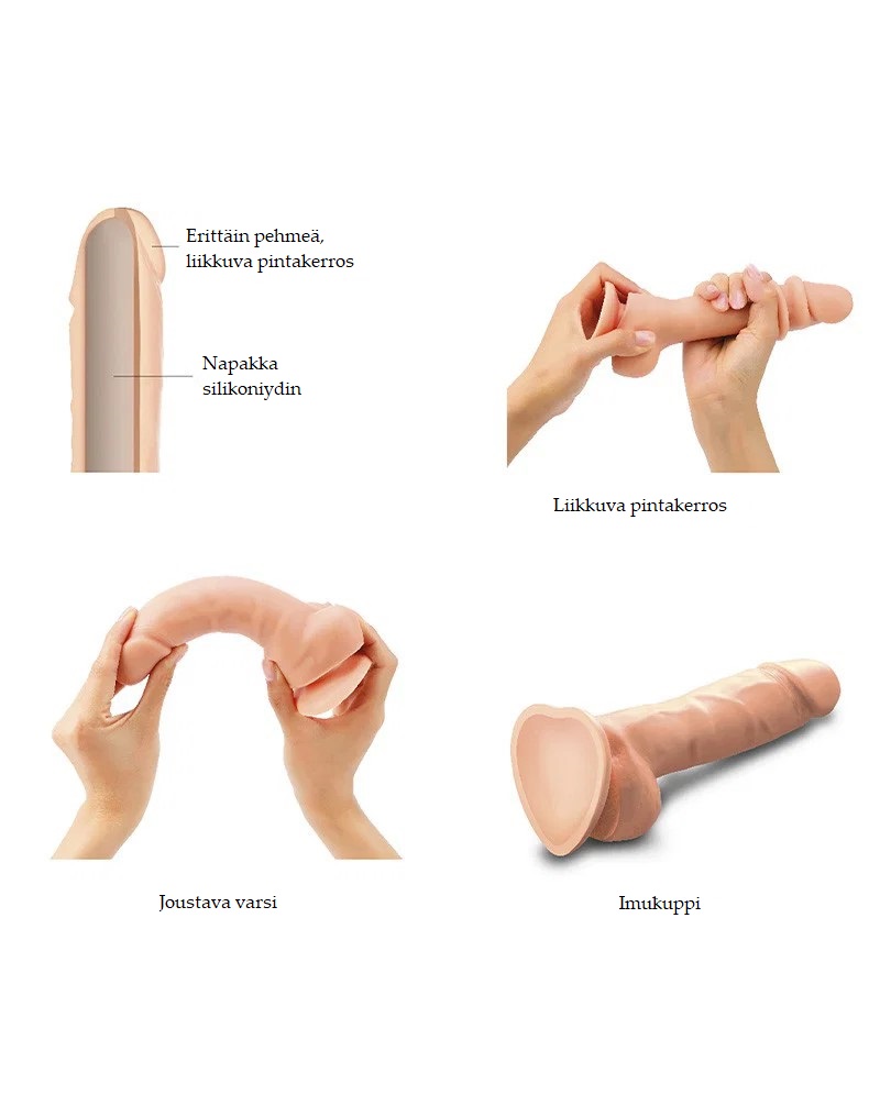 strap-On-Me Sliding Skin silikonidildo imukupilla, ominaisuudet.