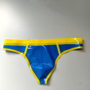 Miesten matalavyötäröiset latex-stringit sinisenä keltaisin kantein. Freyona.