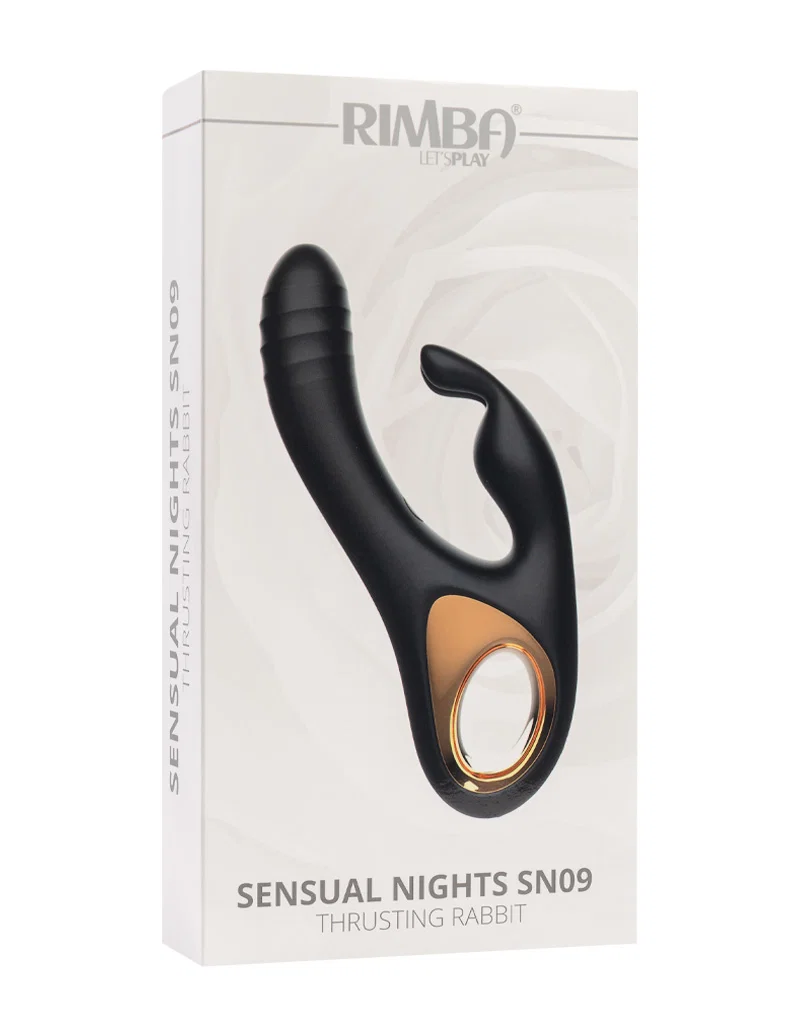 Musta Sensual Nights työntyvä silikonivibraattori rengaskahvalla pakkauksineen
