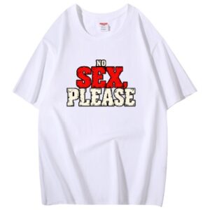 Valkoinen No sex, please -T-paita pienellä NO-sanalla ja suurella punavalkoisella SEX, PLEASE -painatuksella. Freyona.