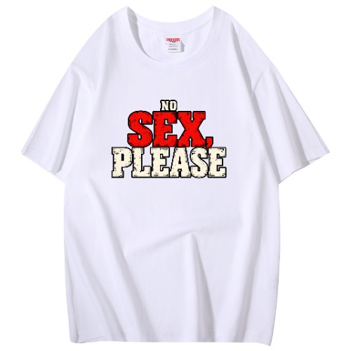 Valkoinen No sex, please -T-paita pienellä NO-sanalla ja suurella punavalkoisella SEX, PLEASE -painatuksella. Freyona.