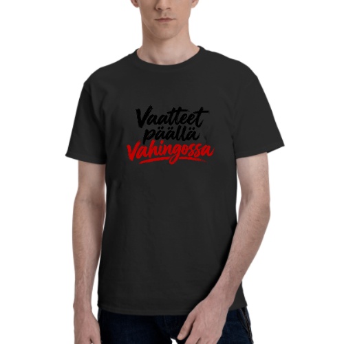 Mustanharmaan T-paidan etupuoli "Vaatteet päällä vahingossa" -tekstipainatuksella. Freyona.