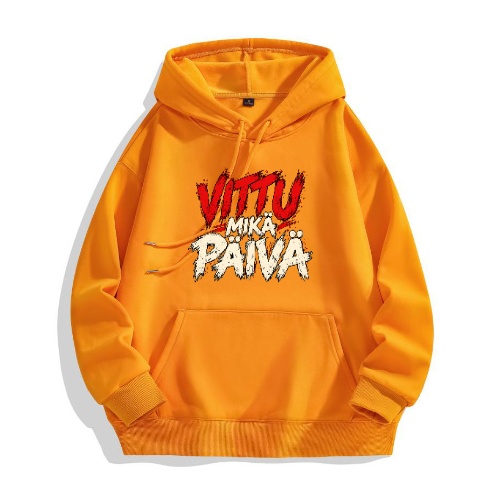 Rento oranssi puuvillahuppari härskillä "vittu mikä päivä" tekstillä. Freyona.