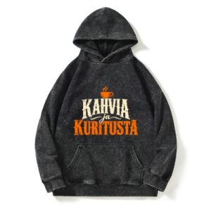 Musta "Kahvia ja kuritusta" -huppari yhdistää tuhman huumorin ja väljän vintage-pestyn tyylin. Freyona