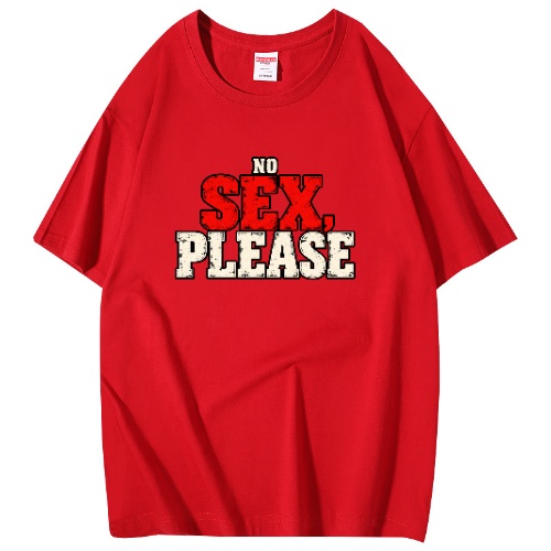Punainen No sex, please -T-paita pienellä NO-sanalla ja suurella punavalkoisella SEX, PLEASE -painatuksella