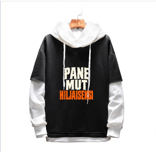 Musta unisex-huppari kaksivärisellä Pane mut hiljaiseksi -tekstipainatuksella. Freyona.