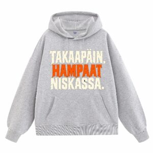 Harmaa "Takaapäin. Hampaat niskassa." – huppari. Freyona.