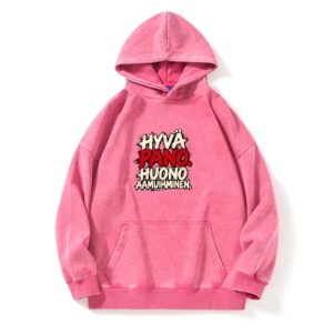 Pinkki huppari punavalkoisella Hyvä pano. Huono aamuihminen. -tekstillä. Freyona.
